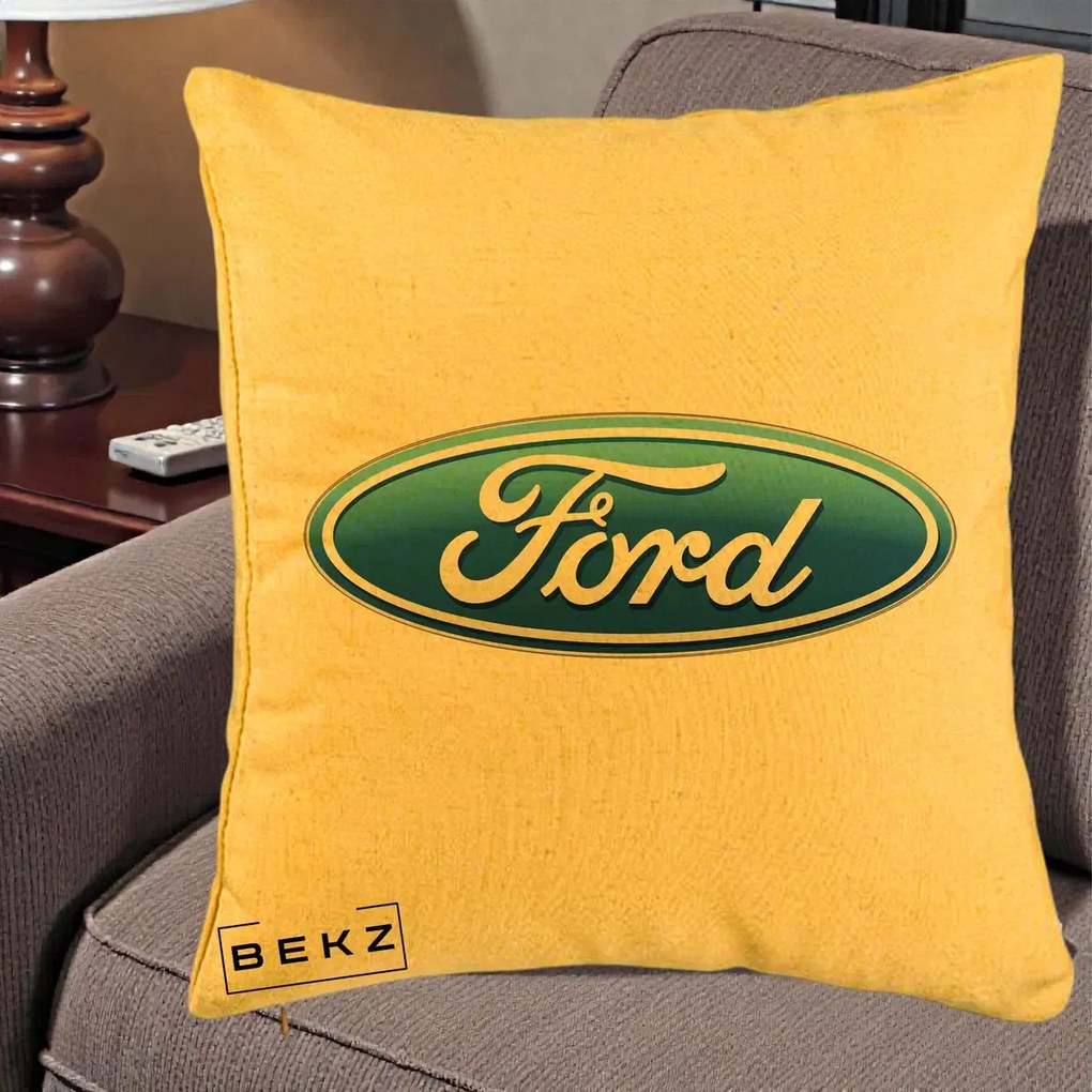 Perna Personalizata cu emblema Ford, 40x40 cm, Galben, Husa Detasabila, Perna Inclusa, BEKZ®