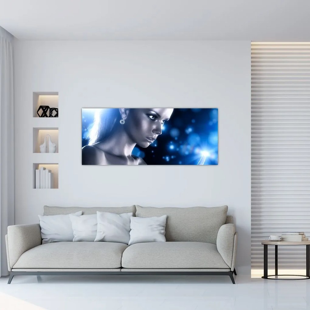 Tablou - Femeia, sclipici albastru (120x50 cm)