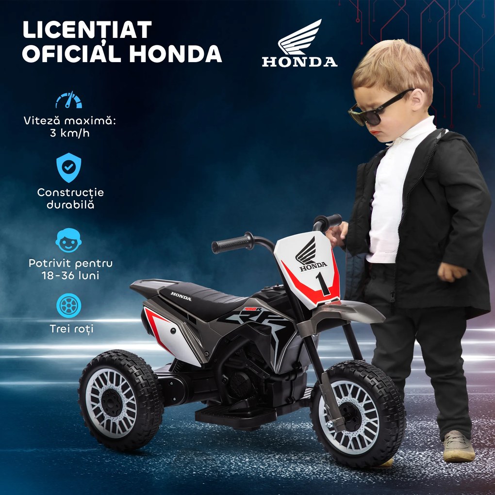 HOMCOM Motocicletă Electrică pentru Copii sub Licență Honda CRF450RL cu 3 Roți și Claxon, 71x40.5x43.5 cm, Gri | Aosom Romania