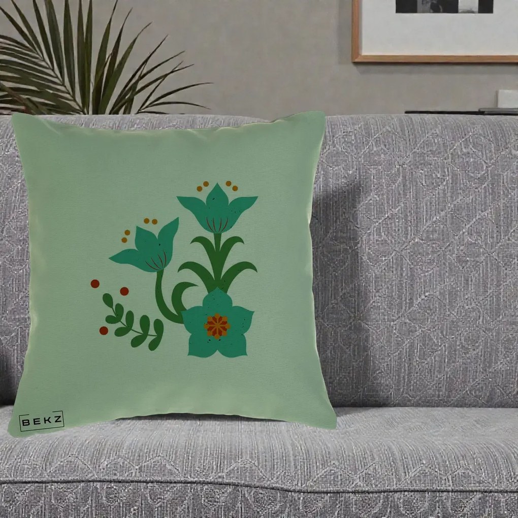 Perna Decorativa Flori Stilizate Folk Turcoaz, 40x40 cm, Verde, Husa Detasabila, Perna Inclusa, BEKZ®