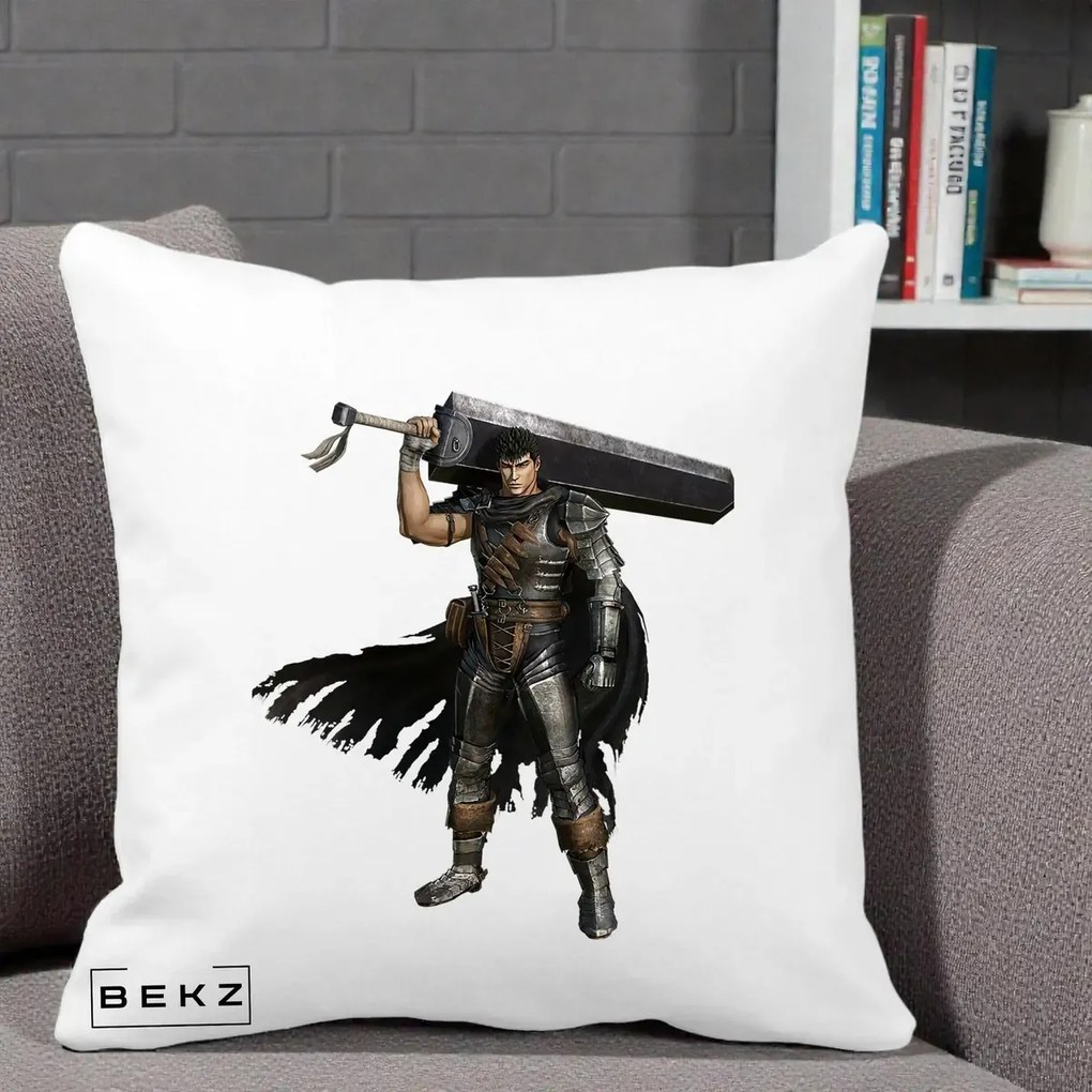Perna Personalizata Berserk Guts Luptatorul Negru, 40x40 cm, Alba Mata, Husa Detasabila, Perna Inclusa, BEKZ®
