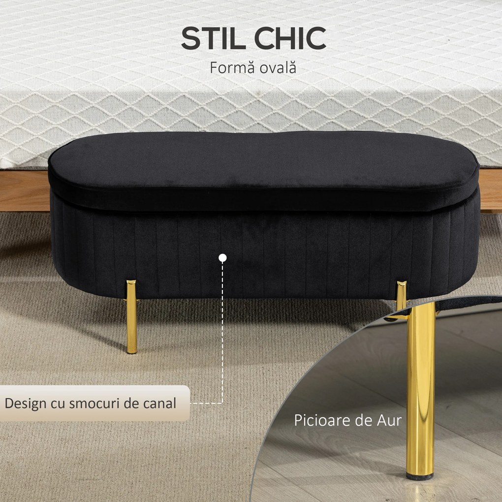 HOMCOM Bancă de Depozitare Ovală 72L cu Capac Rabatabil, din Catifea și Lemn, 108 x 44 x 43,5 cm, Negru | Aosom Romania