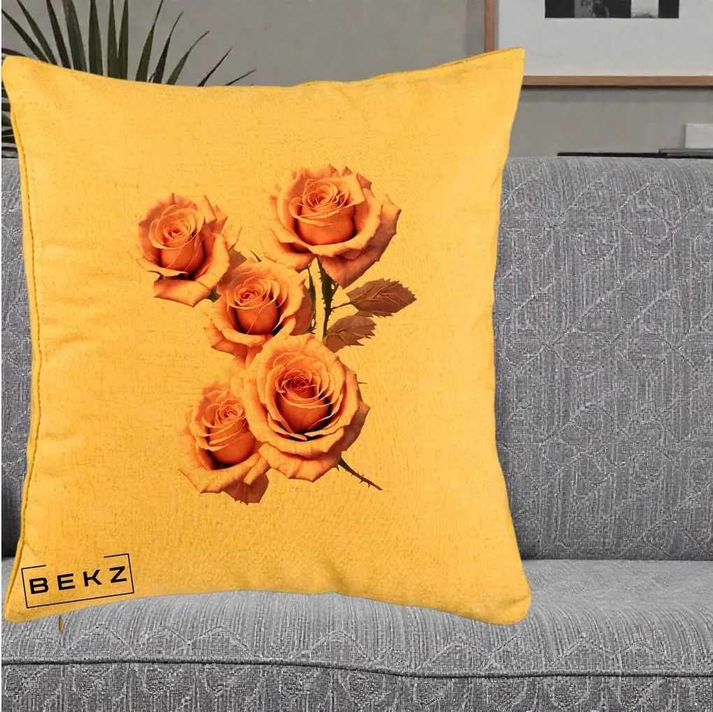 Perna Decorativa Trandafiri Roz Pastel Acuarela, 40x40 cm, Galben, Husa Detasabila, Perna Inclusa, BEKZ®
