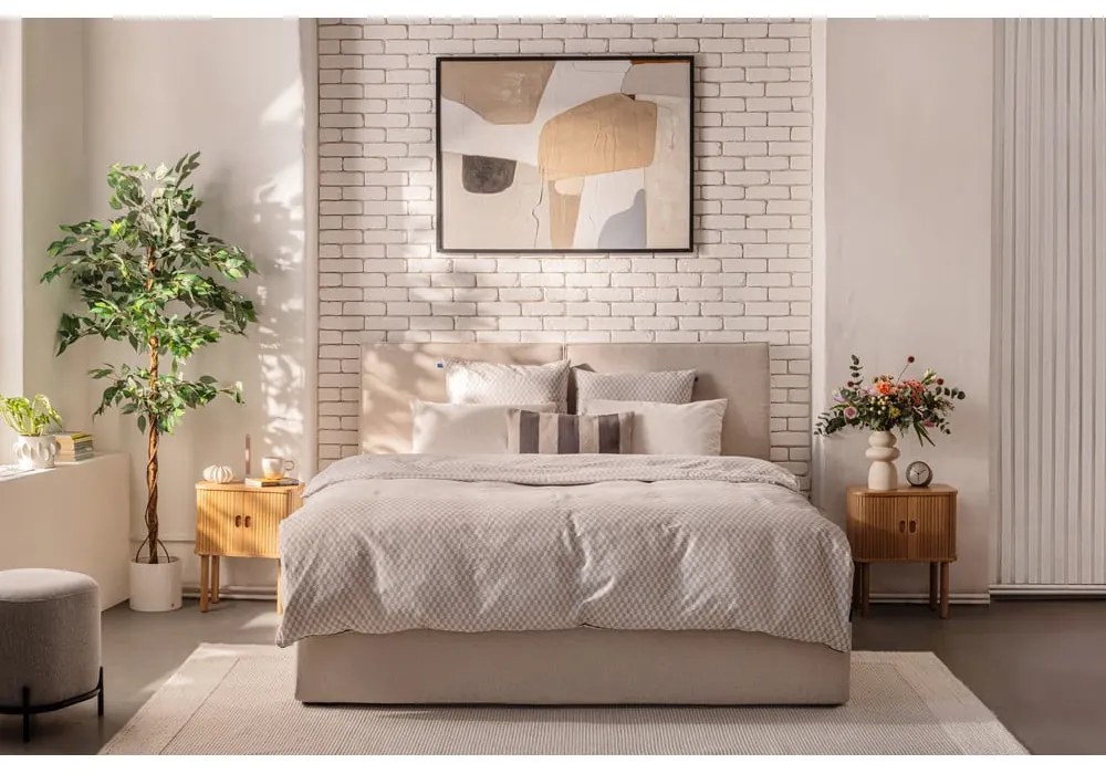 Pat matrimonial bej tapițat cu spațiu de depozitare cu somieră 160x200 cm Thessa Bold – Bonami Selection