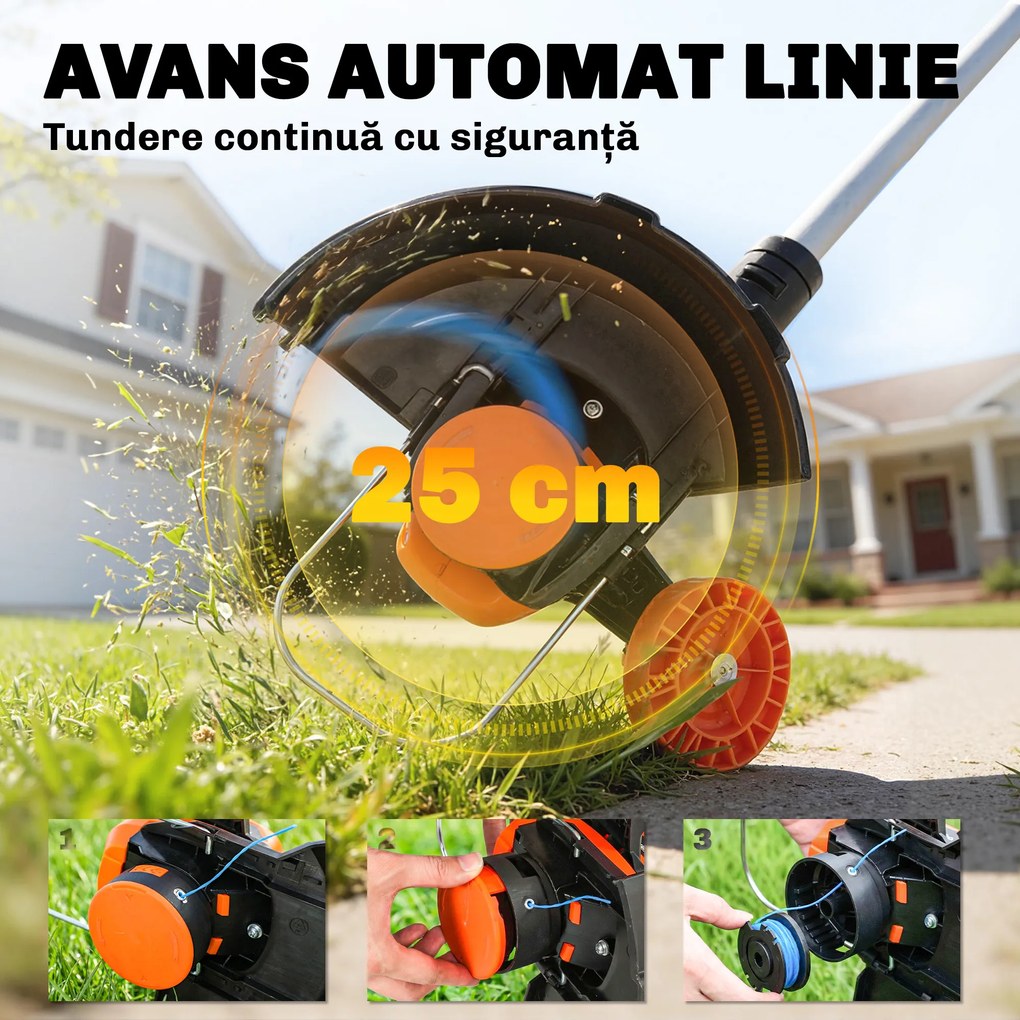 Outsunny Trimmer cu Acumulator 2-în-1, Tăietor de Iarbă 18V cu 2 Baterii de 4Ah, Încărcător, Tija Telescopică, Cap Înclinat, Mâner Reglabil, Tăiere 25cm, 8000 RPM, Ușor pentru Gazon și Grădină | Aosom Romania