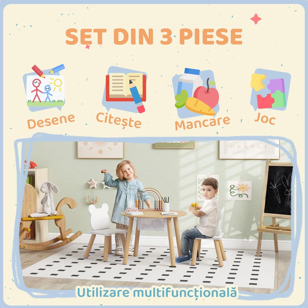 AIYAPLAY Set cu Masă și 2 Scaune pentru Copii cu Spătar în Formă de Ursuleț, Masă cu Spațiu de Depozitare, Alb și Lemn | Aosom Romania