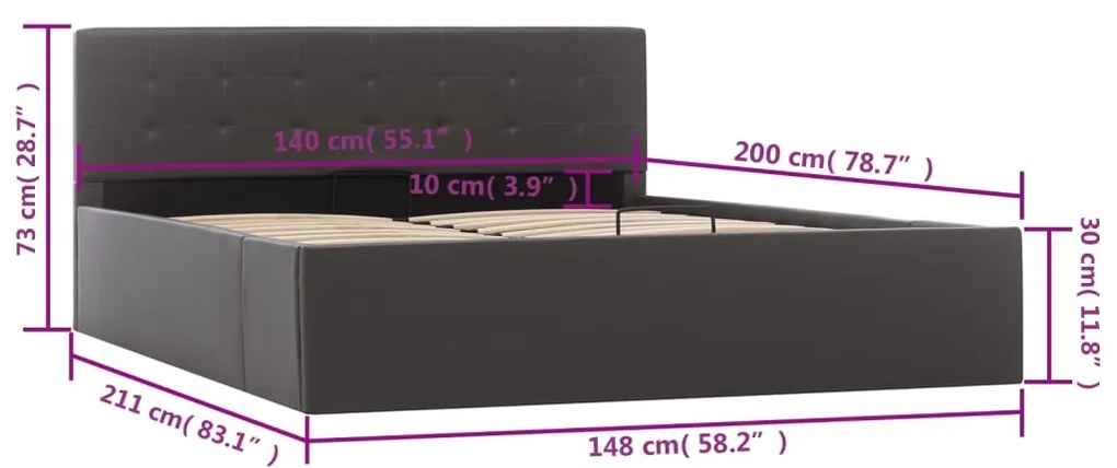 Cadru pat hidraulic, depozitare, gri, 140 x 200 cm, piele eco Gri, 140 x 200 cm