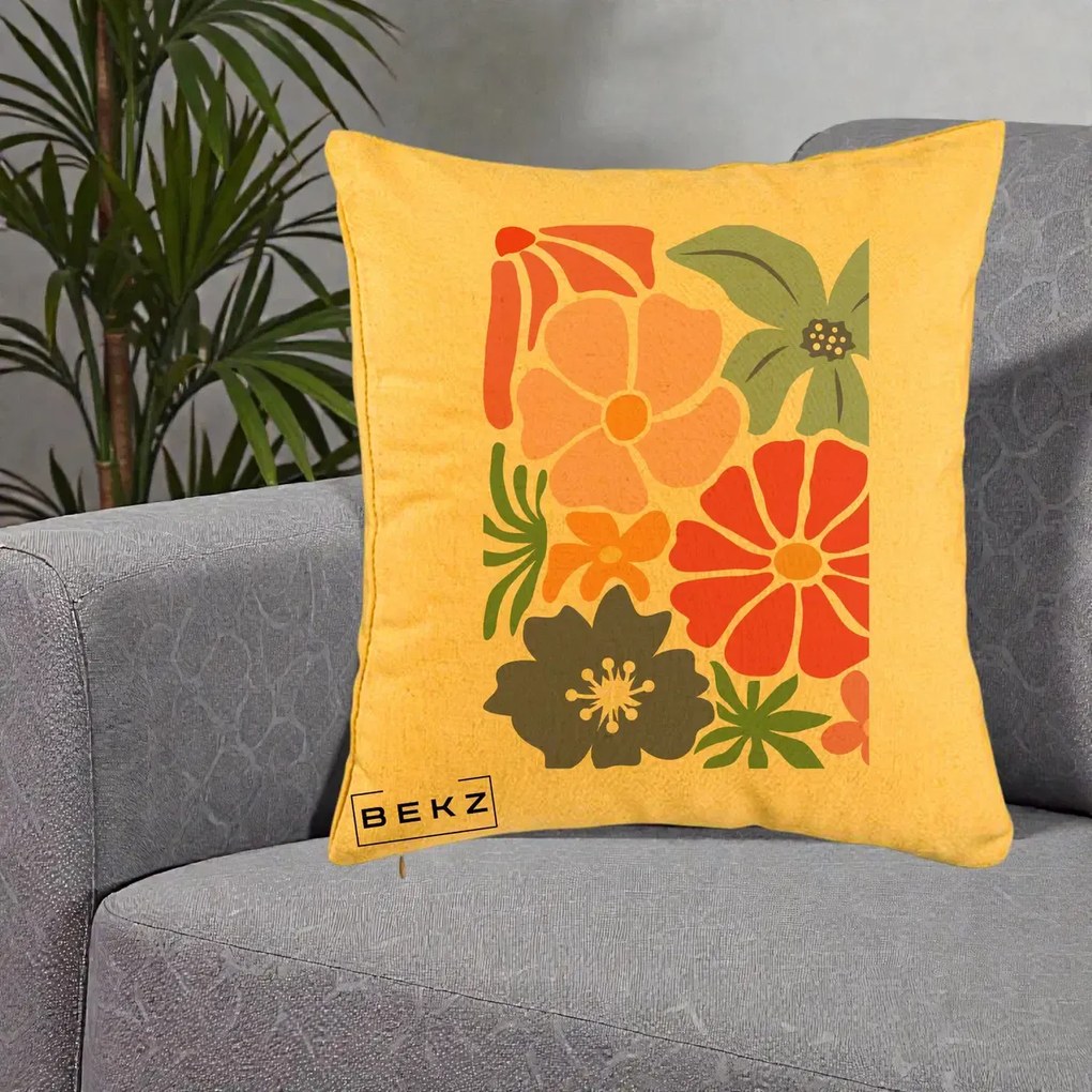 Perna Decorativa Flori Grafice Roz-Rosu-Albastru, 40x40 cm, Galben, Husa Detasabila, Perna Inclusa, BEKZ®