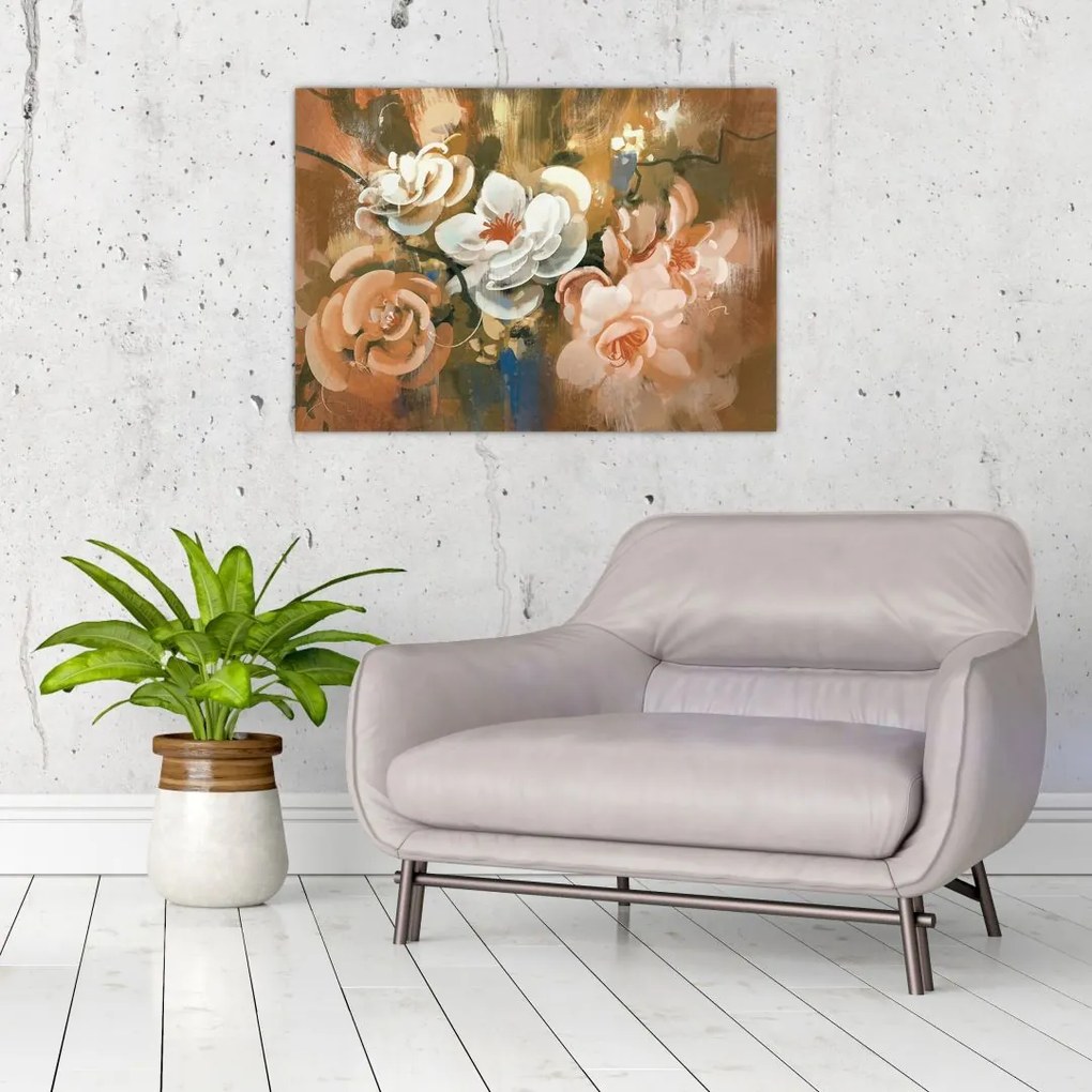 Tablou pe sticlă - Buchet de flori pictat (70x50 cm)