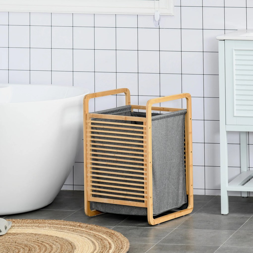 HOMCOM Coș de Rufe Stil Nordic, Mobilier Baie din Bambus și Pânză, Sac Detașabil, 40x35.5x60.5cm, Lemn și Gri | Aosom Romania