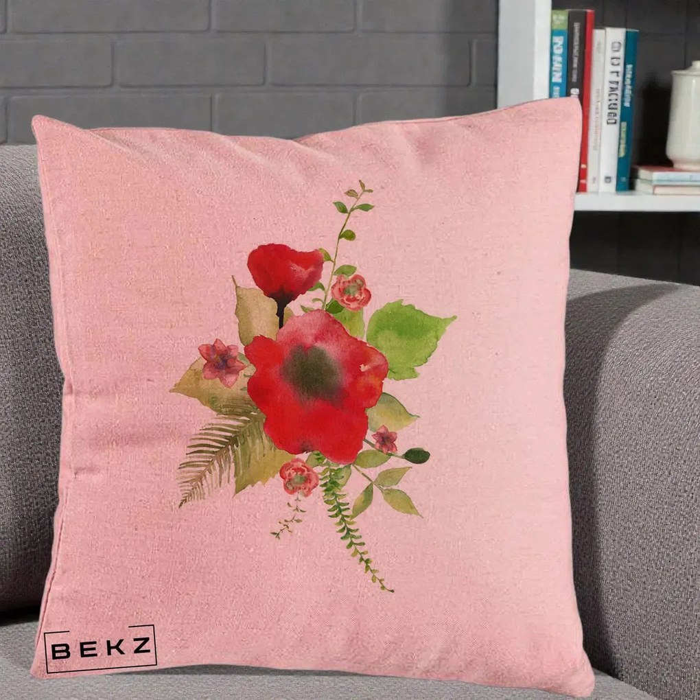 Perna Decorativa Buchet Rosu Acuarela, 40x40 cm, Roz, Husa Detasabila, Perna Inclusa, BEKZ®