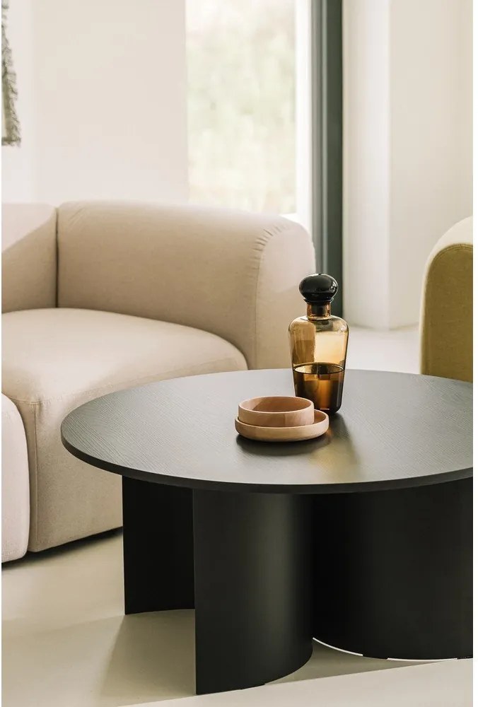 Măsuță de cafea neagră rotundă cu blat cu aspect de lemn de frasin ø 95 cm Gavo – noo.ma