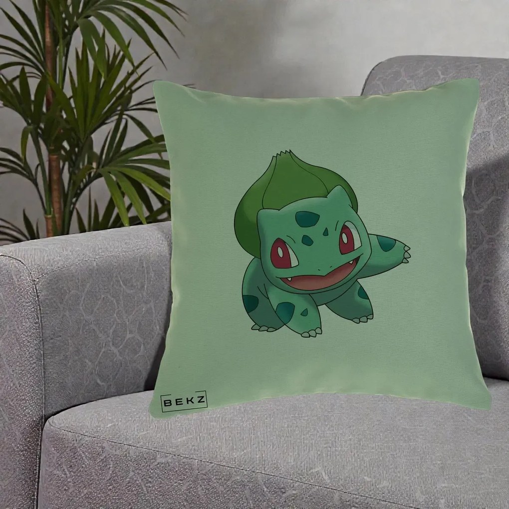 Perna Personalizata Bulbasaur Pokemon, 40x40 cm, Verde, Husa Detasabila, Perna Inclusa, BEKZ®