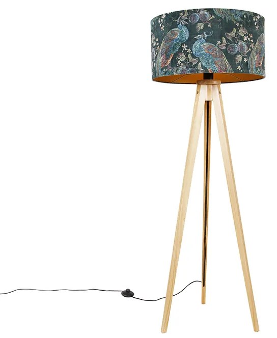 Lampa de podea modernă din lemn cu abajur din stofă negru cu model de păun 50 cm - Tripod Classic