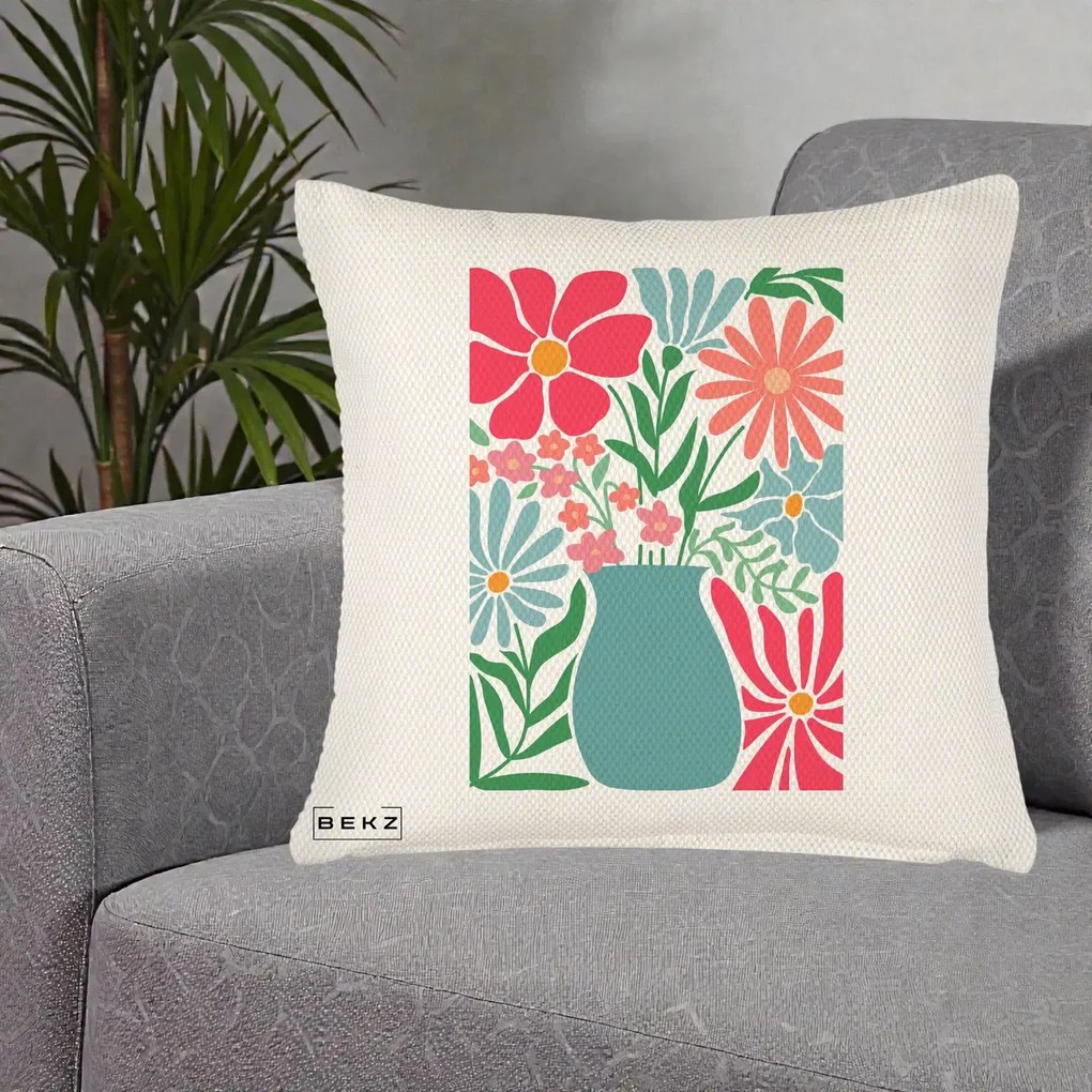 Perna Decorativa Flori in Vaza Turcoaz, 40x40 cm, Crem Reliefat, Husa Detasabila, Perna Inclusa, BEKZ®