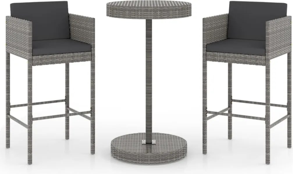vidaXL Set mobilier bar de grădină, cu perne, 3 piese, gri, poliratan