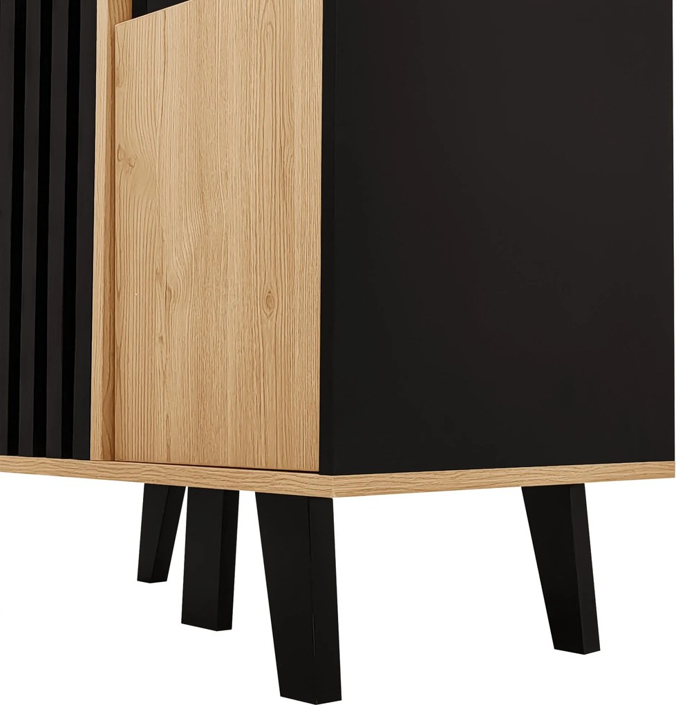 Dulap auxiliar cu vitrină, iluminare LED și sticlă, 80x40x120 cm, Culoare naturală+Negru