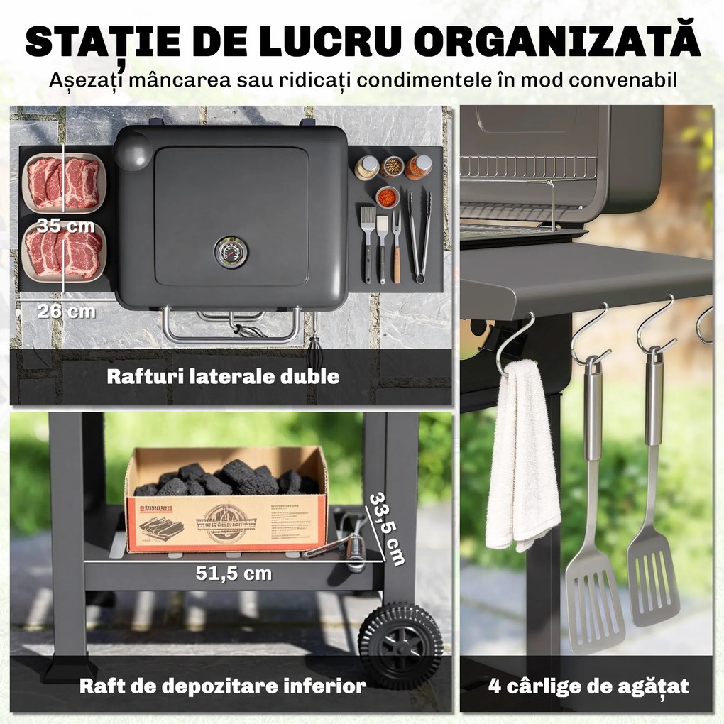 Outsunny Grătar pe Cărbune, Grătar Afumătoare cu Roți pentru Exterior, Negru | Aosom Romania