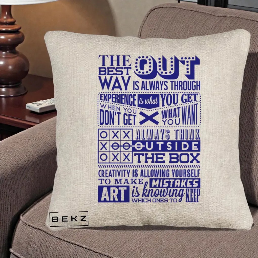 Perna Decorativa Citate Creativitate Albastru, 40x40 cm, Bej Canapea, Husa Detasabila, Perna Inclusa, BEKZ®
