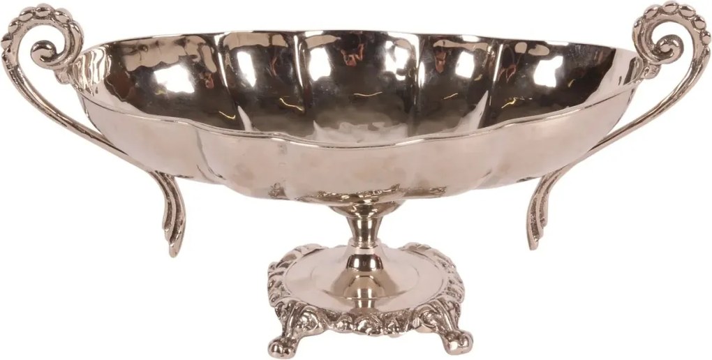 Bol de servire oval din alamă lucrată manual, argintiu, pe picior, cu două mânere, fructieră și centru de masă, 15 x 34 x 16 cm, „Sheffield”