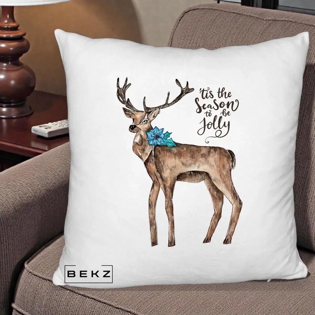 Perna Decorativa Ren Tis the Season to be Jolly, 40x40 cm, Alb Pufos, Husa Detasabila, Perna Inclusa, BEKZ®
