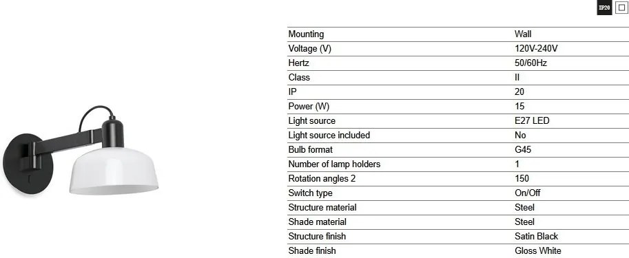 Aplica de perete cu brat directionabil TATAWIN negru, alb