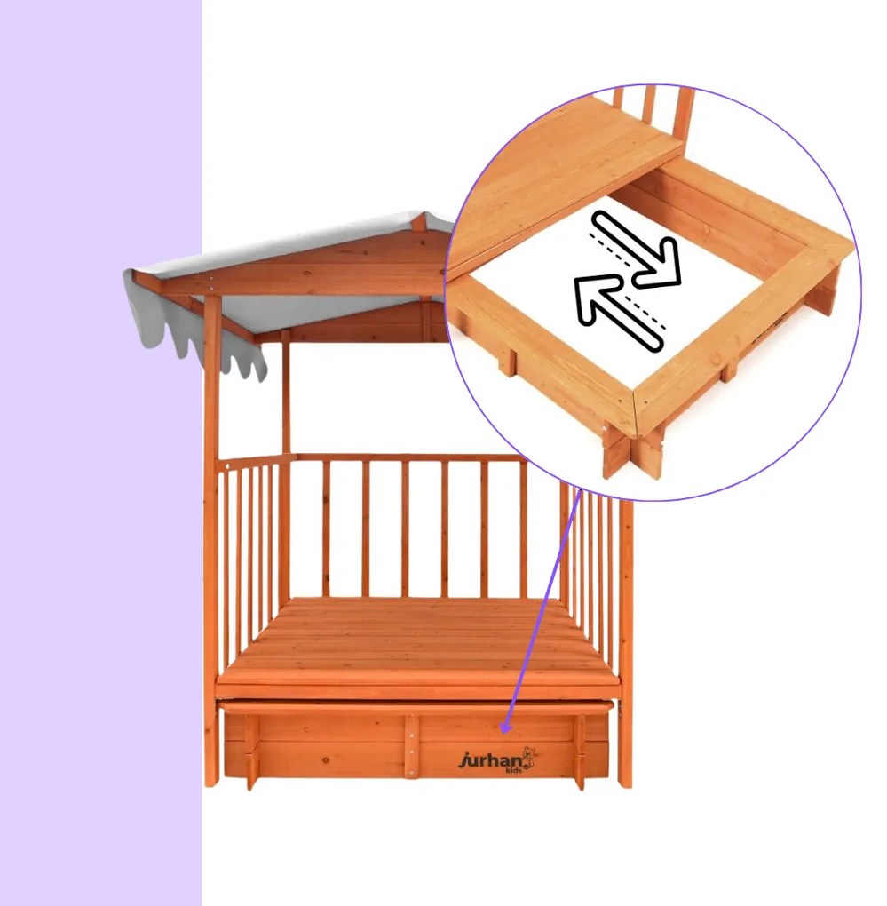 Zonă cu nisip și verandă HAPPY, 130 x 130 x 143 cm, din masiv de pin, maro gri Jurhan