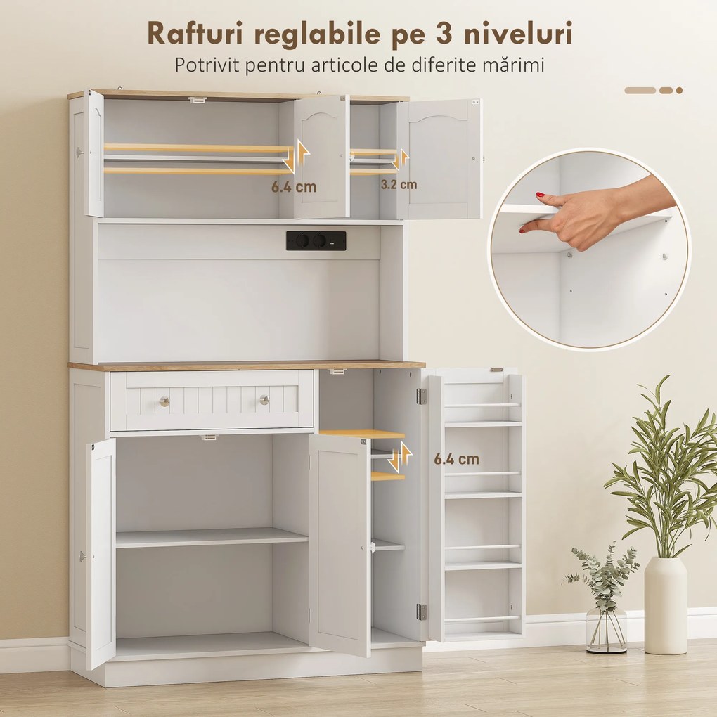 HOMCOM Dulap de bucătărie înalt, 173 cm, cu stație de încărcare, spațiu pentru cuptorul cu microunde, rafturi reglabile, 4 suporturi pentru condimente, alb | Aosom Romania