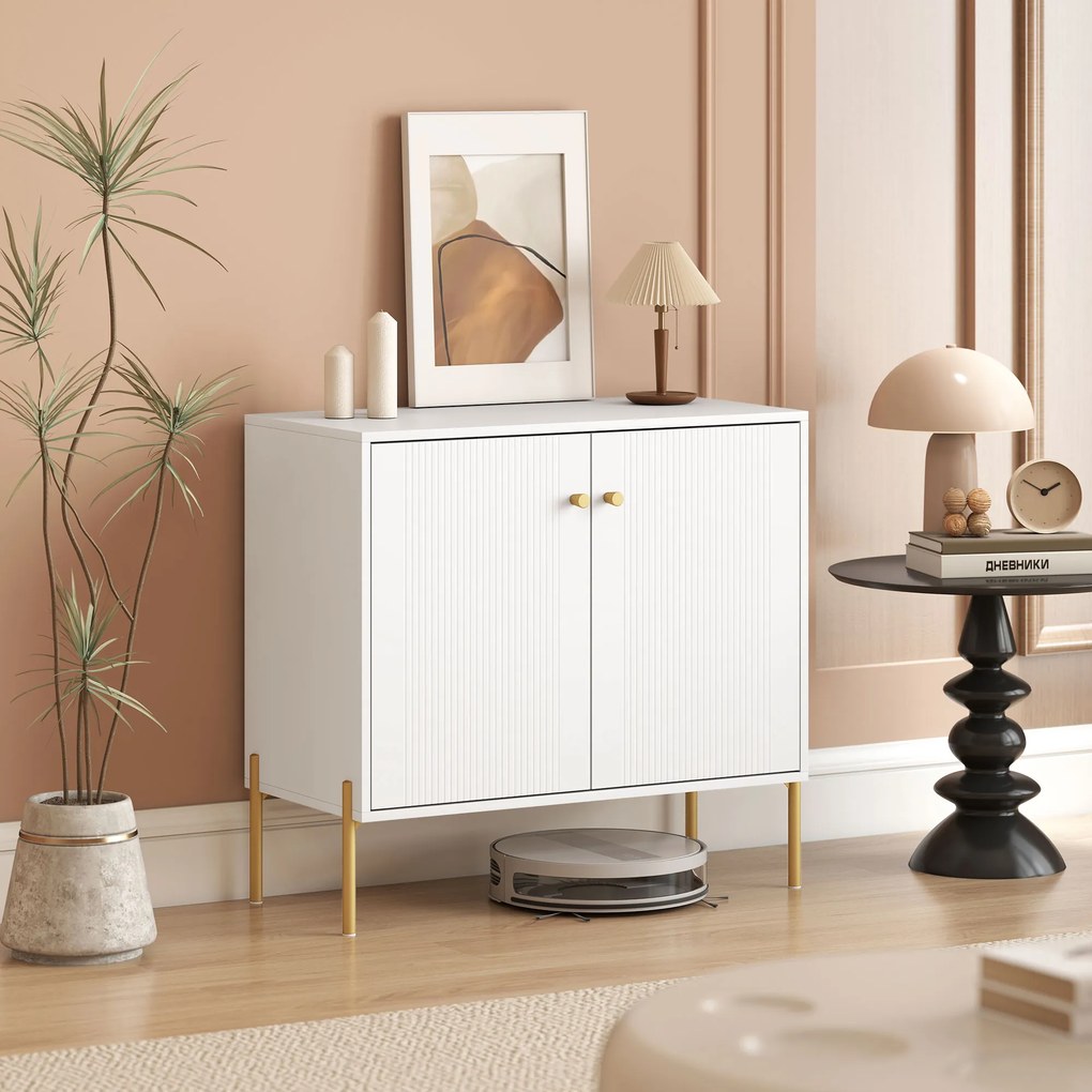 HOMCOM Bufet pentru living, mobilier de depozitare cu uși canelate duble, poliță reglabilă, picioare din oțel, 80 x 39,1 x 76 cm, alb | Aosom Romania