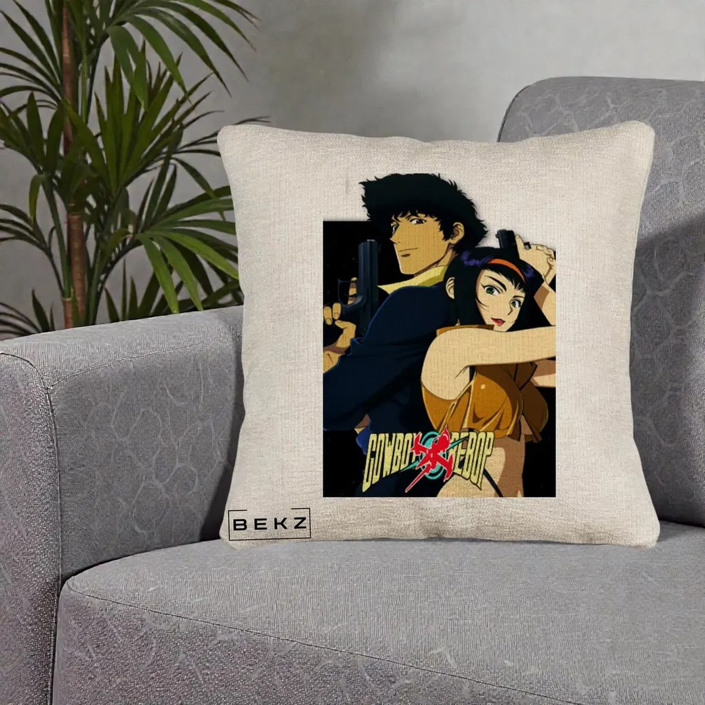 Perna Personalizata Cowboy Bebop Spike si Faye Poster, 40x40 cm, Bej Canapea, Husa Detasabila, Perna Inclusa, BEKZ®