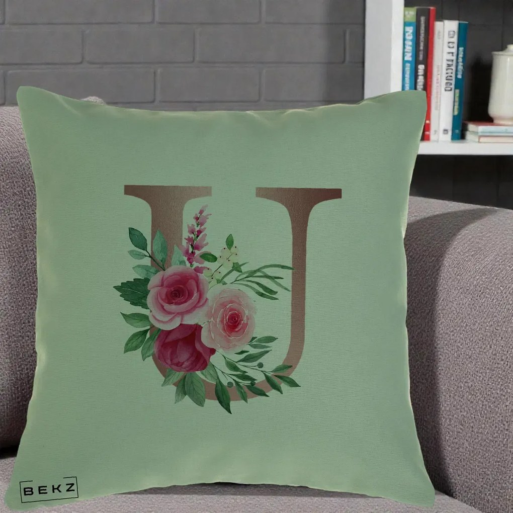 Cadou Personalizat - Perna Personalizata Monograma Rose Gold Litera U, 40x40 cm, Verde, Husa Detasabila, Perna Inclusa, BEKZ®
