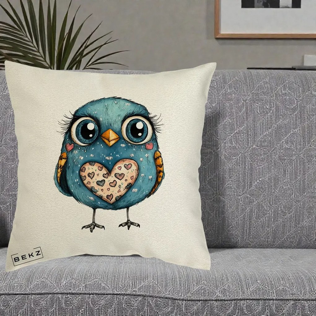 Perna Decorativa Bufnita Albastra cu Inimioare, 40x40 cm, Ecru, Husa Detasabila, Perna Inclusa, BEKZ®