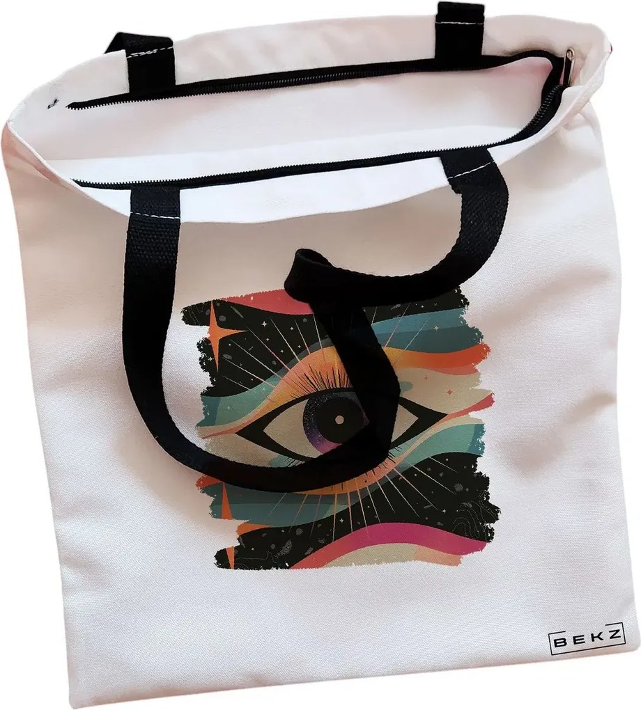 Sacosa de Panza pentru Cumparaturi, Geanta Tote, model Celestial Eye 4, Cu fermoar, 38x34.5 cm, Alba, BEKZ®