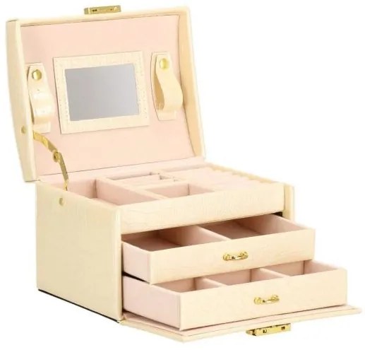 CUTIE PENTRU BIJUTERII, MDF, PIELE ECOLOGICA SI CATIFEA, CREM SI ROZ, CU OGLINDA, 17.5X14X12.5 CM, S