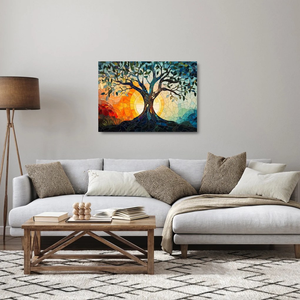 Tablou pe sticlă – Mozaic – soare și arbore I. (70x50 cm)
