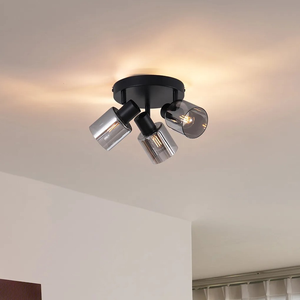 Plafonieră modernă neagră cu sticlă fumurie rotundă cu 3 lumini - Cilin