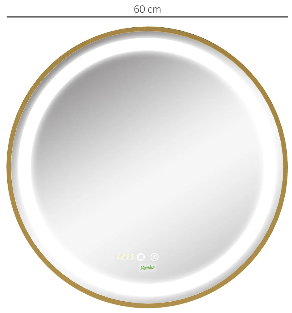 kleankin Oglindă de Baie Rotundă cu Lumină LED, Luminozitate Reglabilă și Întrerupătoare Touch, Ø60x4 cm, Auriu | Aosom Romania