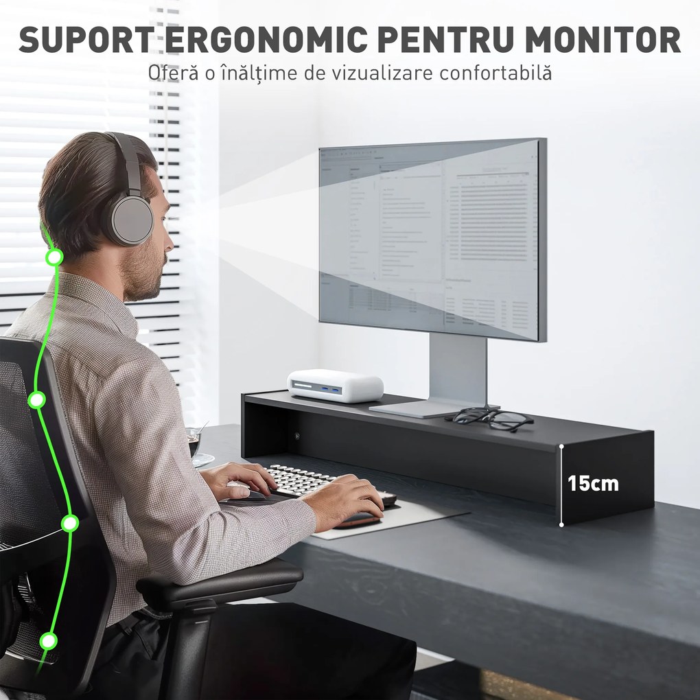 HOMCOM Suport Monitor PC până la 16 kg cu 2 Compartimente de Depozitare, 100x27x15 cm, Negru | Aosom Romania