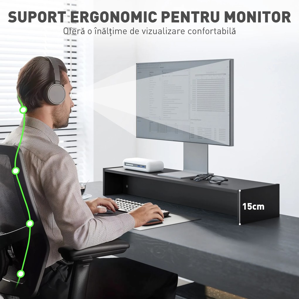 HOMCOM Suport pentru Monitor PC până la 16 kg cu 2 Compartimente de Depozitare, 100x27x15 cm, Negru | Aosom Romania