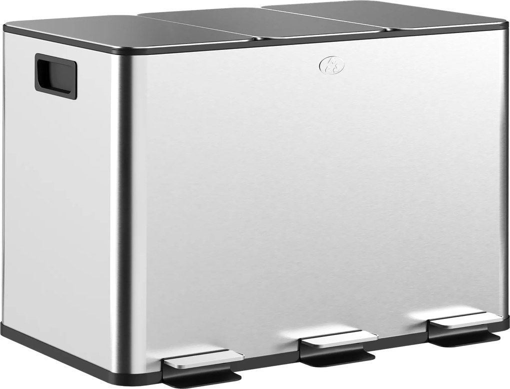 HOMCOM Coș de Gunoi cu 3 Compartimente de 20L, Cu Pedală, Capace cu Închidere Silențioasă, Oțel Inoxidabil și PP, 61,9x36,6x56,7 cm, Argintiu | Aosom Romania
