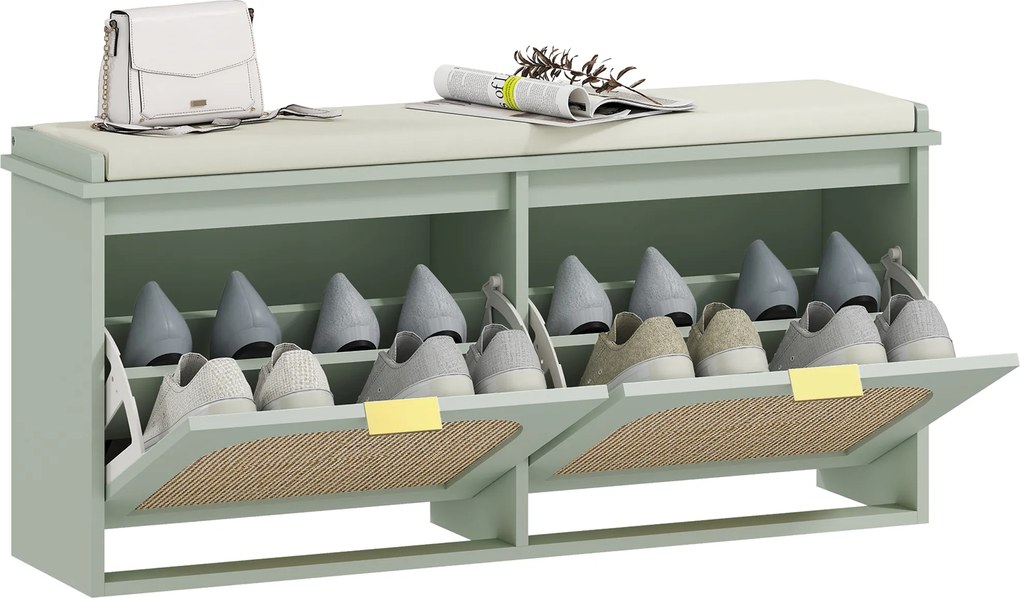 HOMCOM Bancă pentru încălțăminte, banc de depozitare, șezut căptușit, sertare rabatabile, ușă din ratan, 104 x 26 x 47,5 cm, verde | Aosom Romania