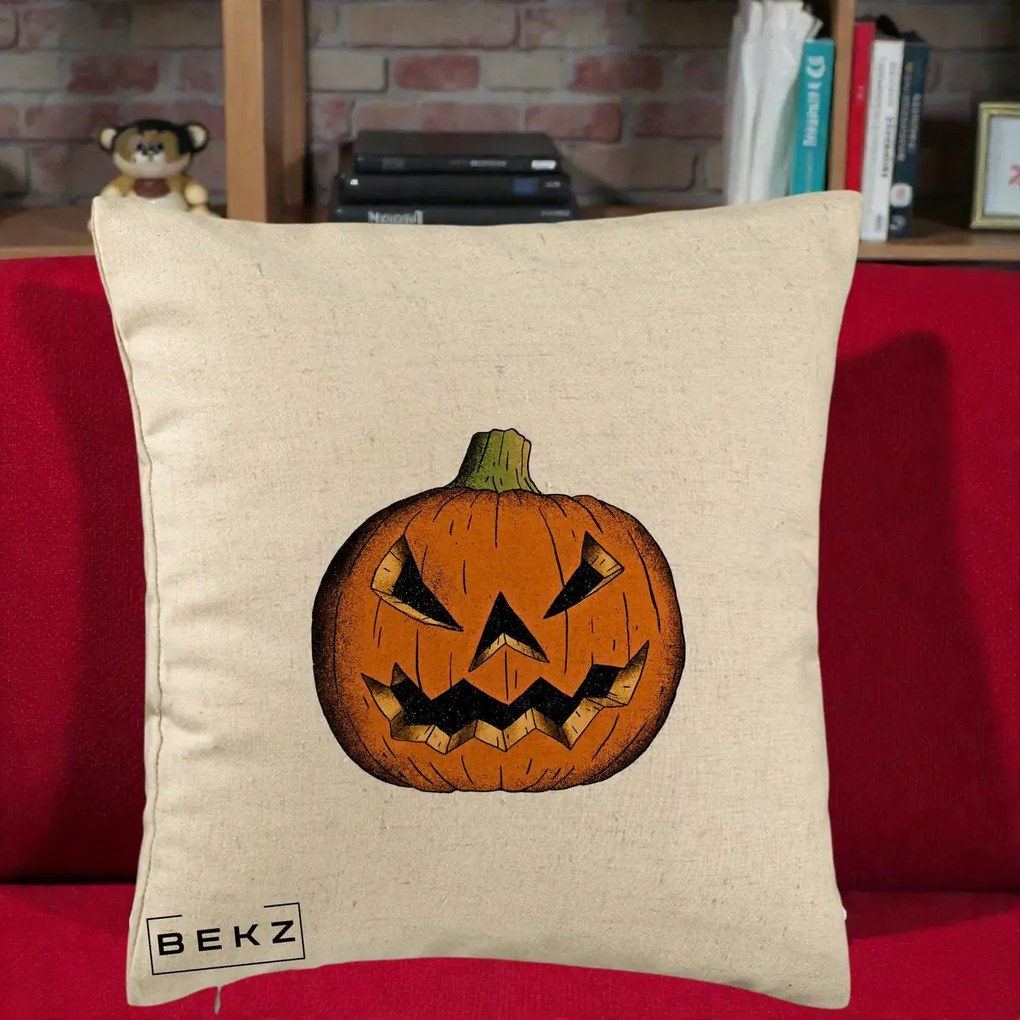 Perna Decorativa Halloween Dovleac Portocaliu Clasic, 40x40 cm, Bej, Husa Detasabila, Perna Inclusa, BEKZ®