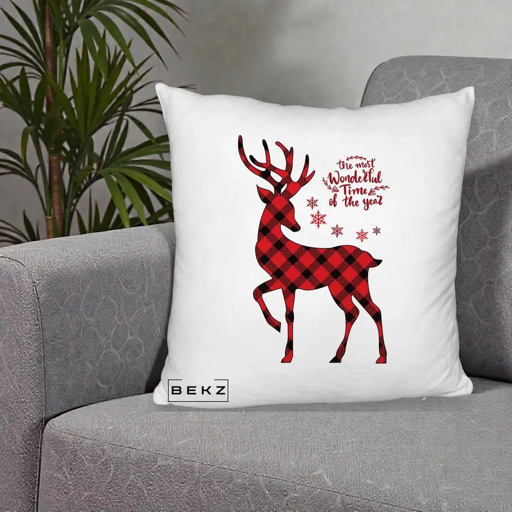 Perna Decorativa Ren Buffalo Plaid Craciun, 40x40 cm, Alb Pufos, Husa Detasabila, Perna Inclusa, BEKZ®