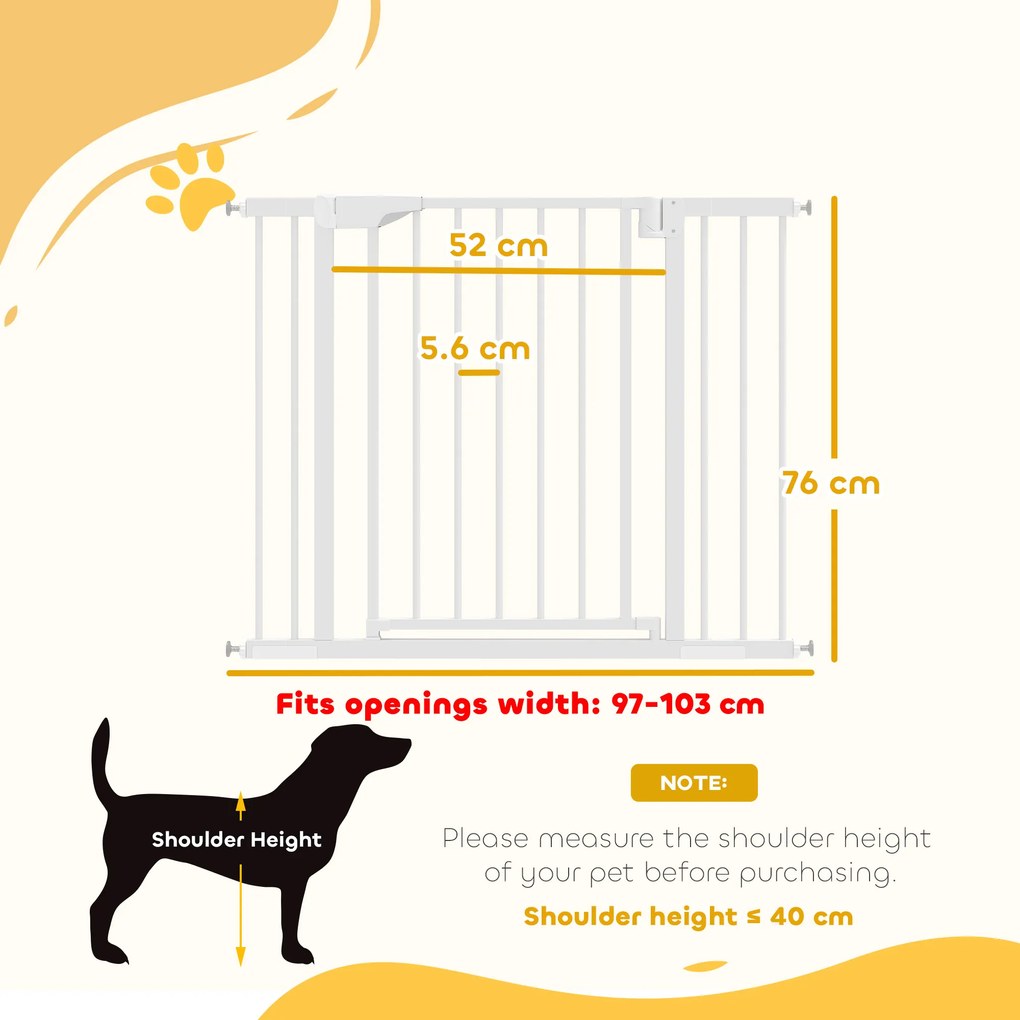 PawHut Poartă de Siguranță pentru Copii și Animale, Extensibilă 96-103 cm, Înălțime 76 cm, Poartă pentru Câini, Scări și Uși, Închidere Automată, Montaj prin Presiune, Deschidere în Ambele Direcții, Alb | Aosom Romania
