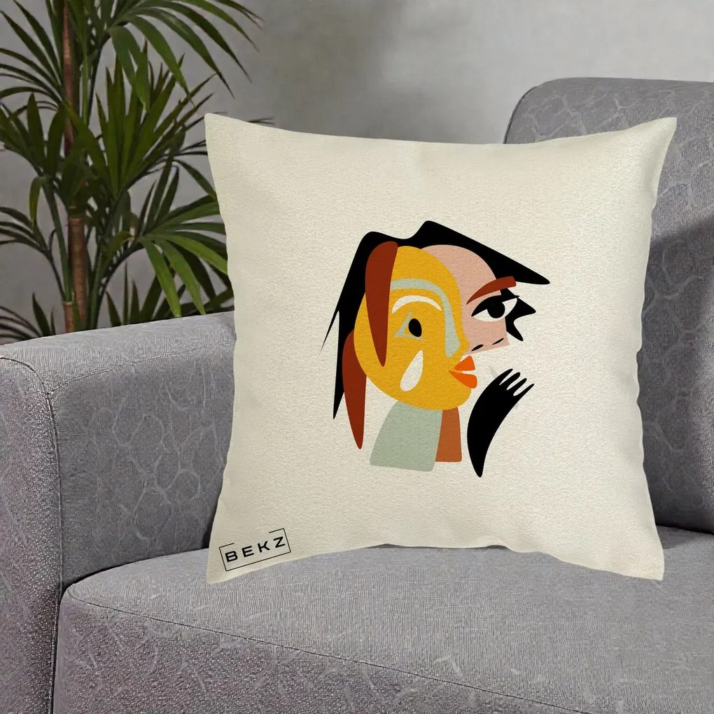 Perna Decorativa Portret Abstract Galben-Ocru, 40x40 cm, Ecru, Husa Detasabila, Perna Inclusa, BEKZ®