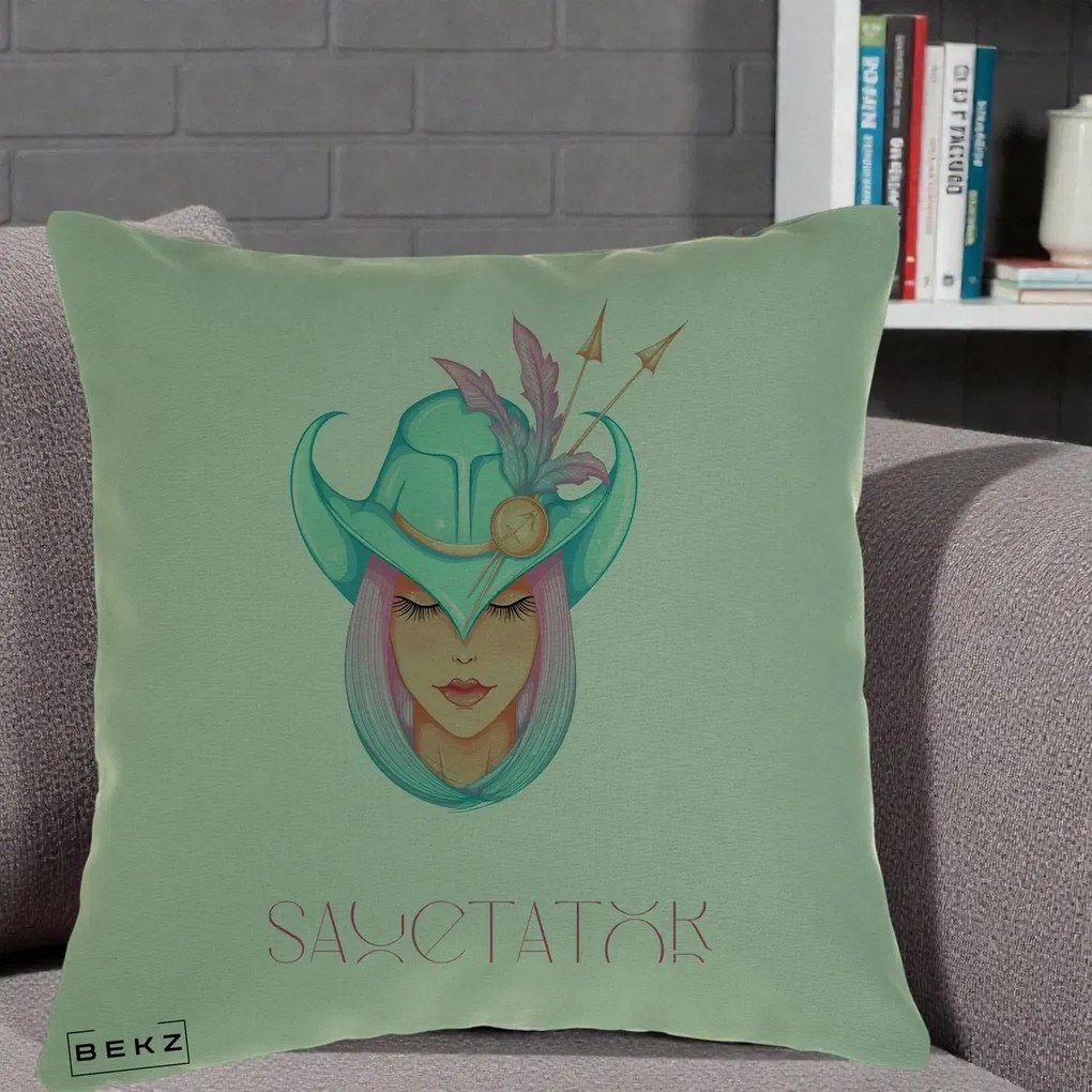 Perna Personalizata Zodiac Sagetator Cowgirl, 40x40 cm, Verde, Husa Detasabila, Perna Inclusa, BEKZ®