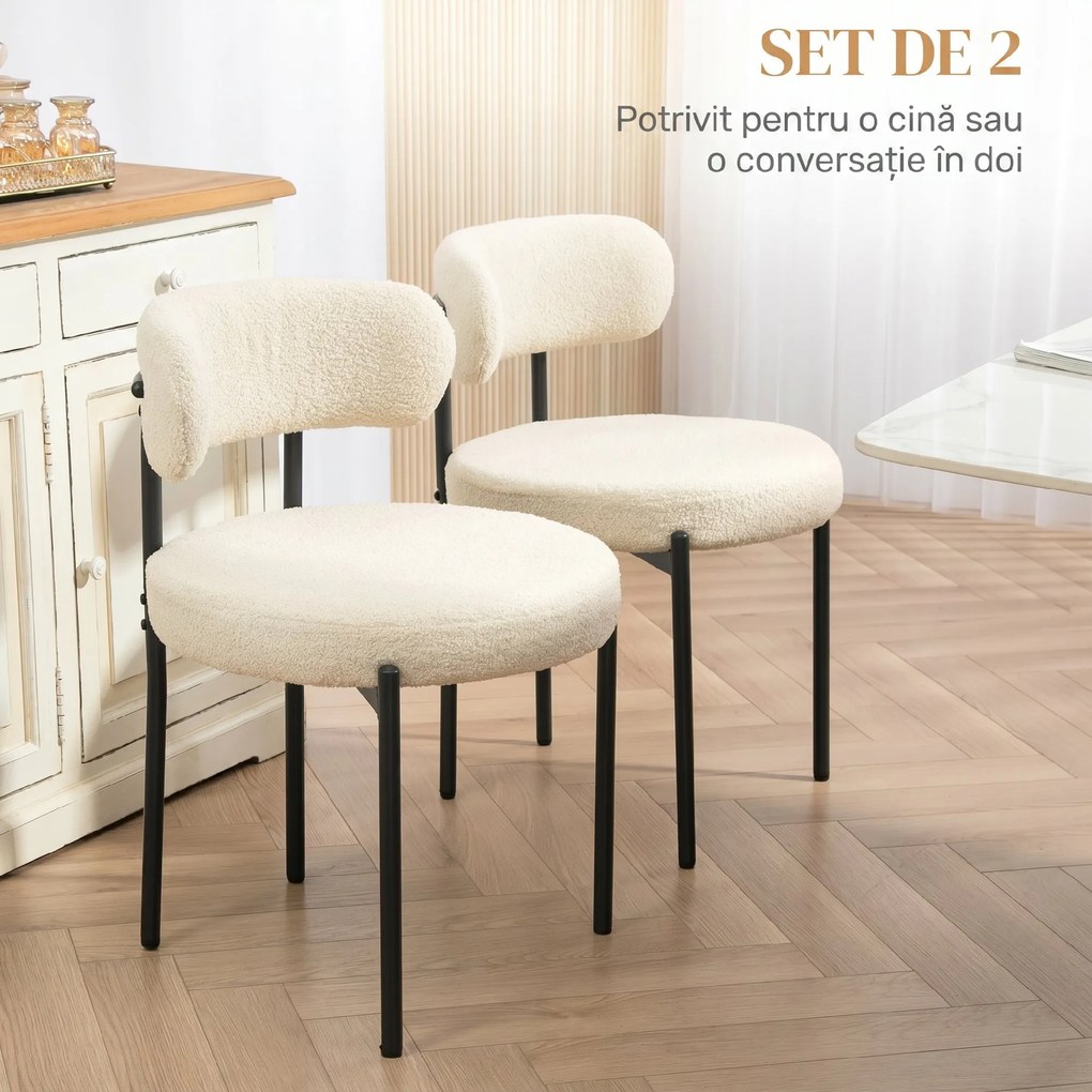 HOMCOM Set 2 Scaune de Dining Moderne din Tesătură Sherpa, Bej | Aosom Romania
