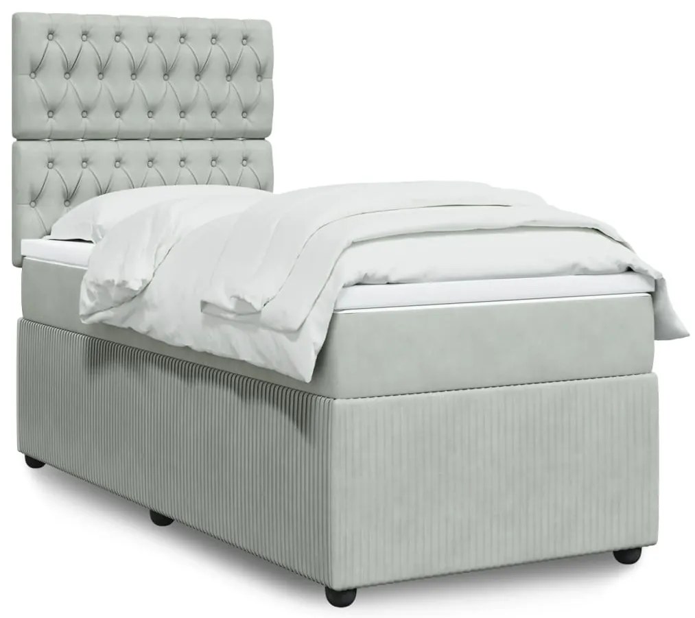 vidaXL Pat box spring cu saltea, gri deschis, 90x190 cm, catifea