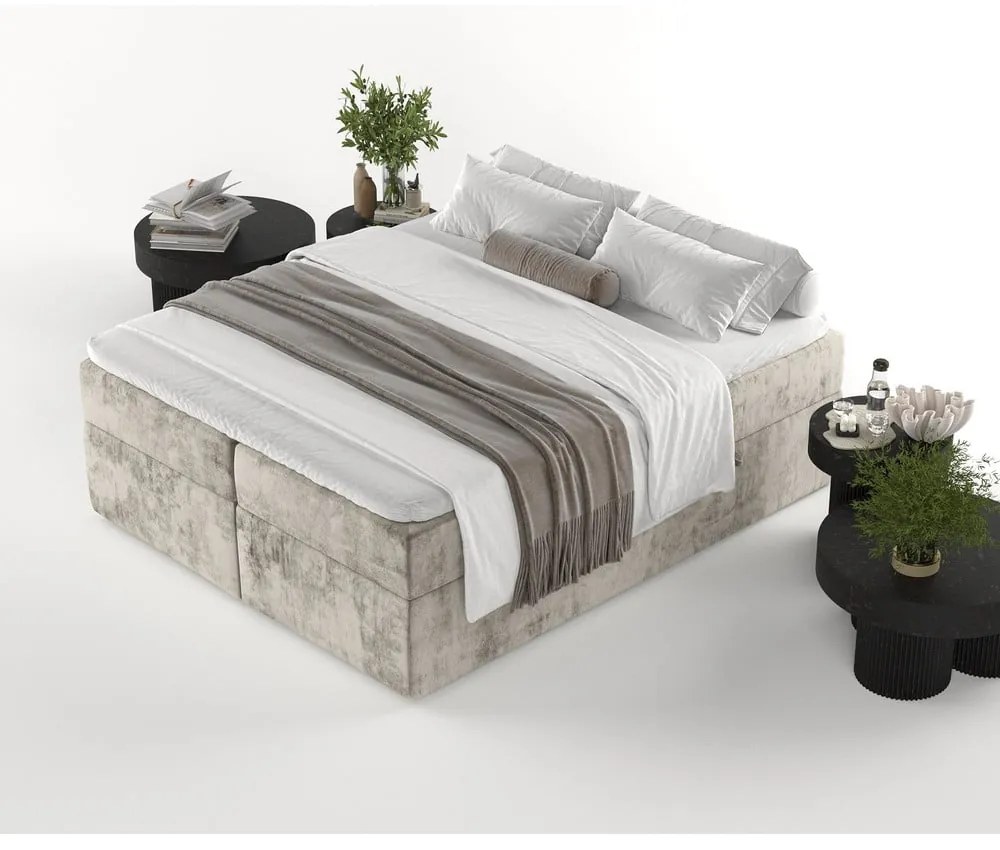 Pat boxspring maro deschis cu spațiu de depozitare 160x200 cm Yoko – Maison de Rêve