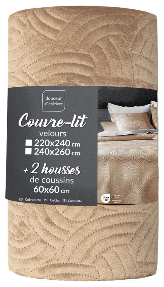 Set cuvertură și față de pernă maro deschis din catifea 240x260 cm Solange – douceur d'intérieur